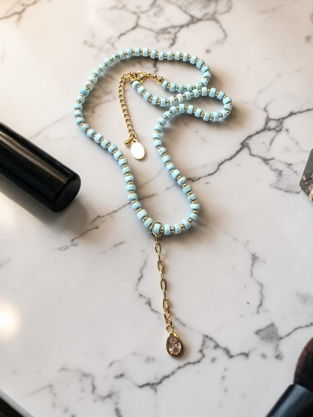 Aqua Blue Necklace, Tear Drop Zirconia Pendant & Gold Chain By Fucci Minnulli